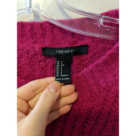 Womens Magenta Chunky Knit Cropped Sweater Jumper Pullover Zig Zag Hem Boxy Sz S - Picture 5 of 7